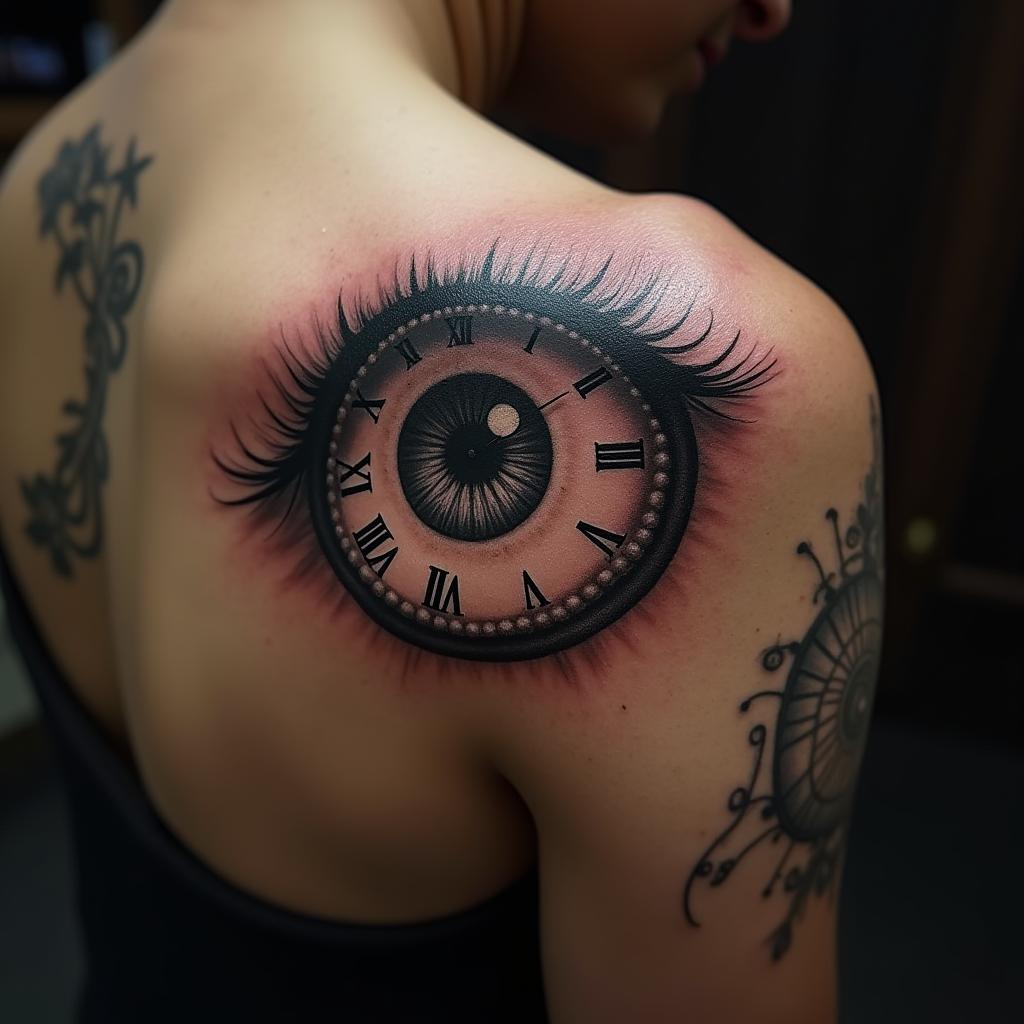 Tatuaje de ojo con reloj en el hombro