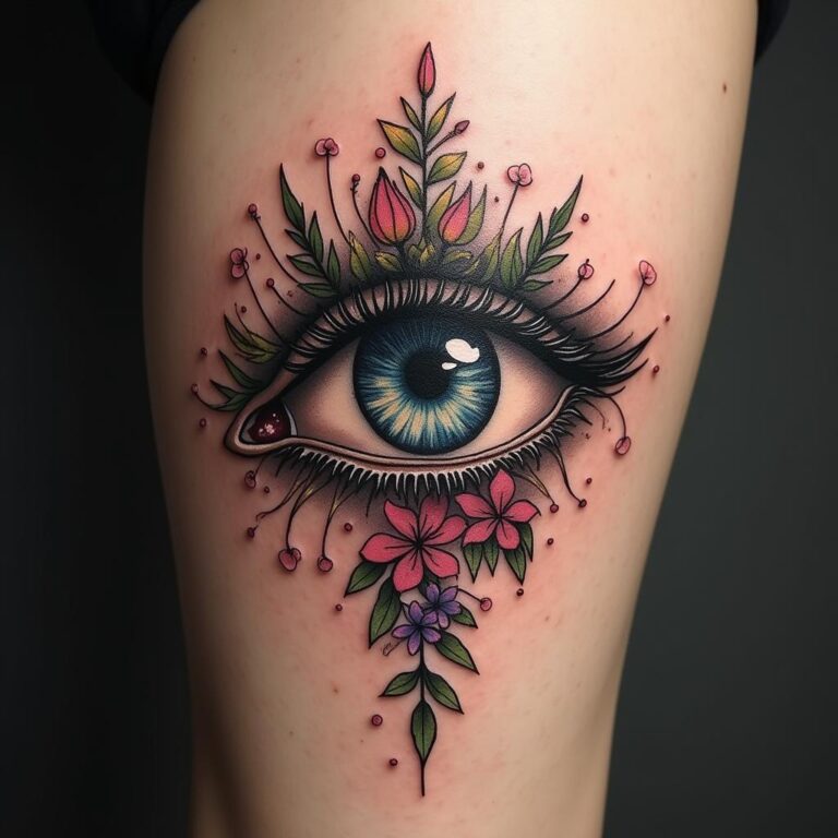 Tatuaje de ojo malvado con flores y hojas en el muslo