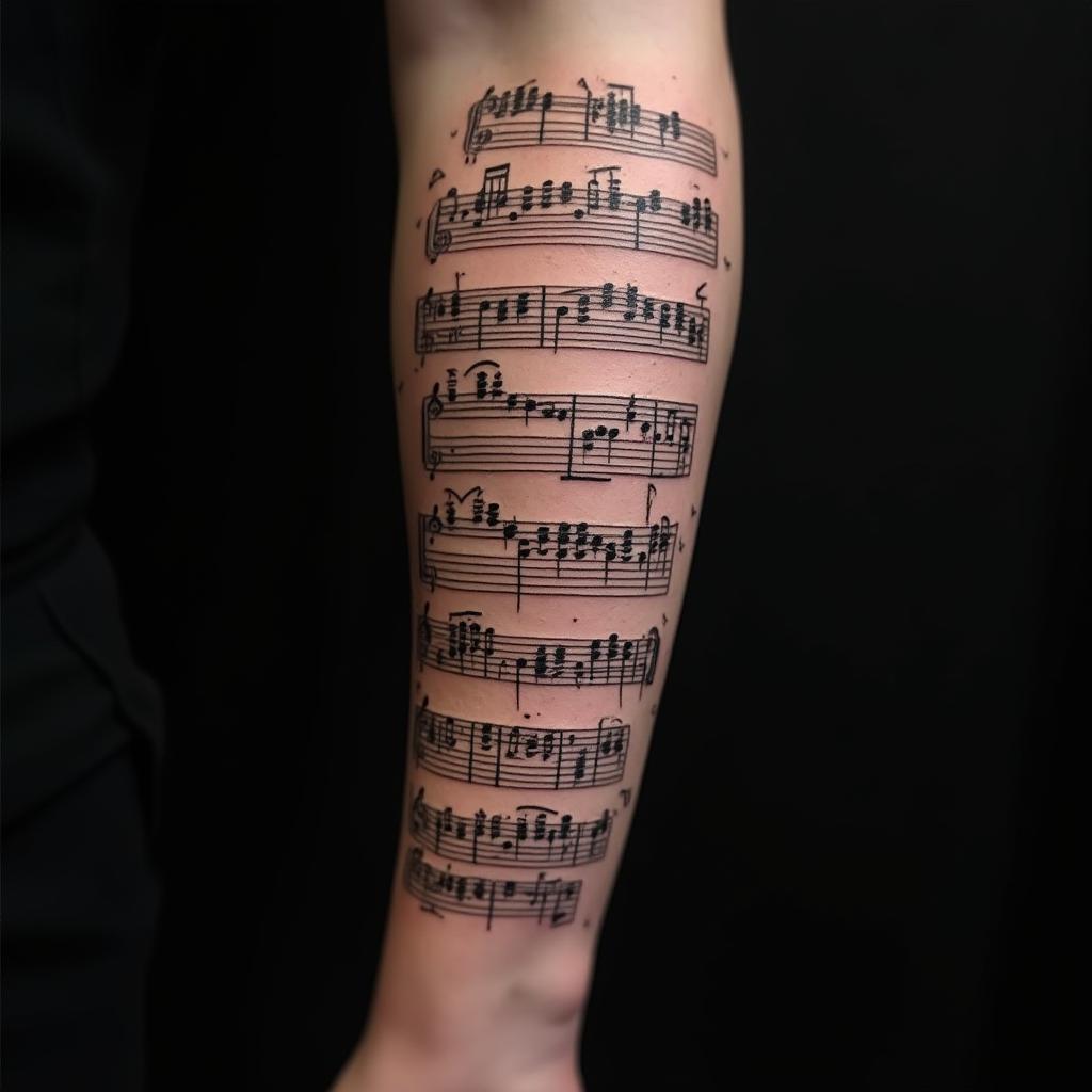 Tatuaje de partitura musical en el brazo