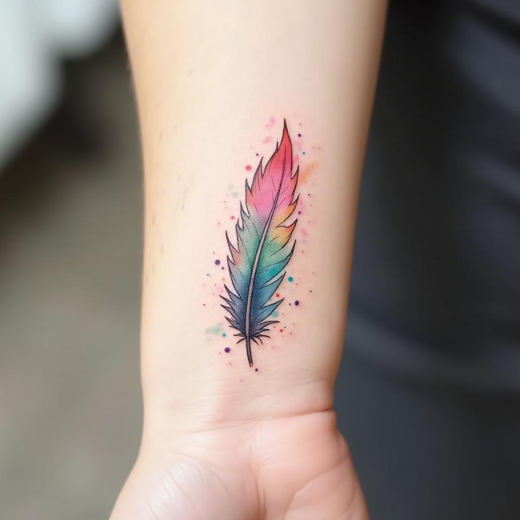 Tatuaje de pluma en acuarela en el antebrazo