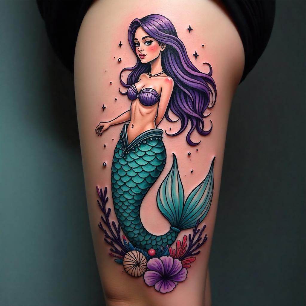 Tatuaje de sirena de ladomuslo para mujer