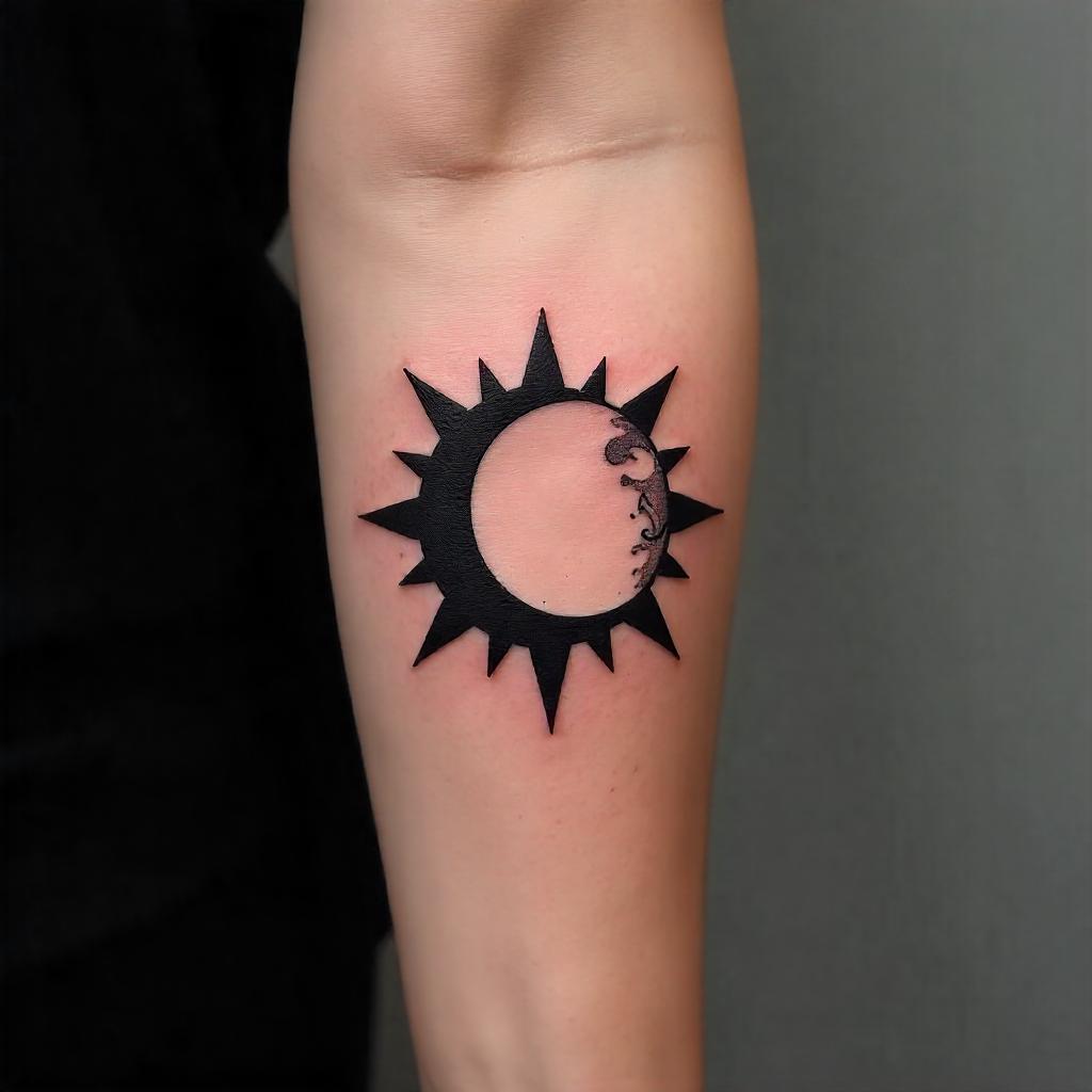 Tatuaje del Sol y la Luna entrelazados en el antebrazo