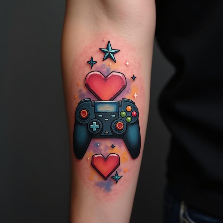 Tatuaje en el antebrazo con control de videojuego para gamers