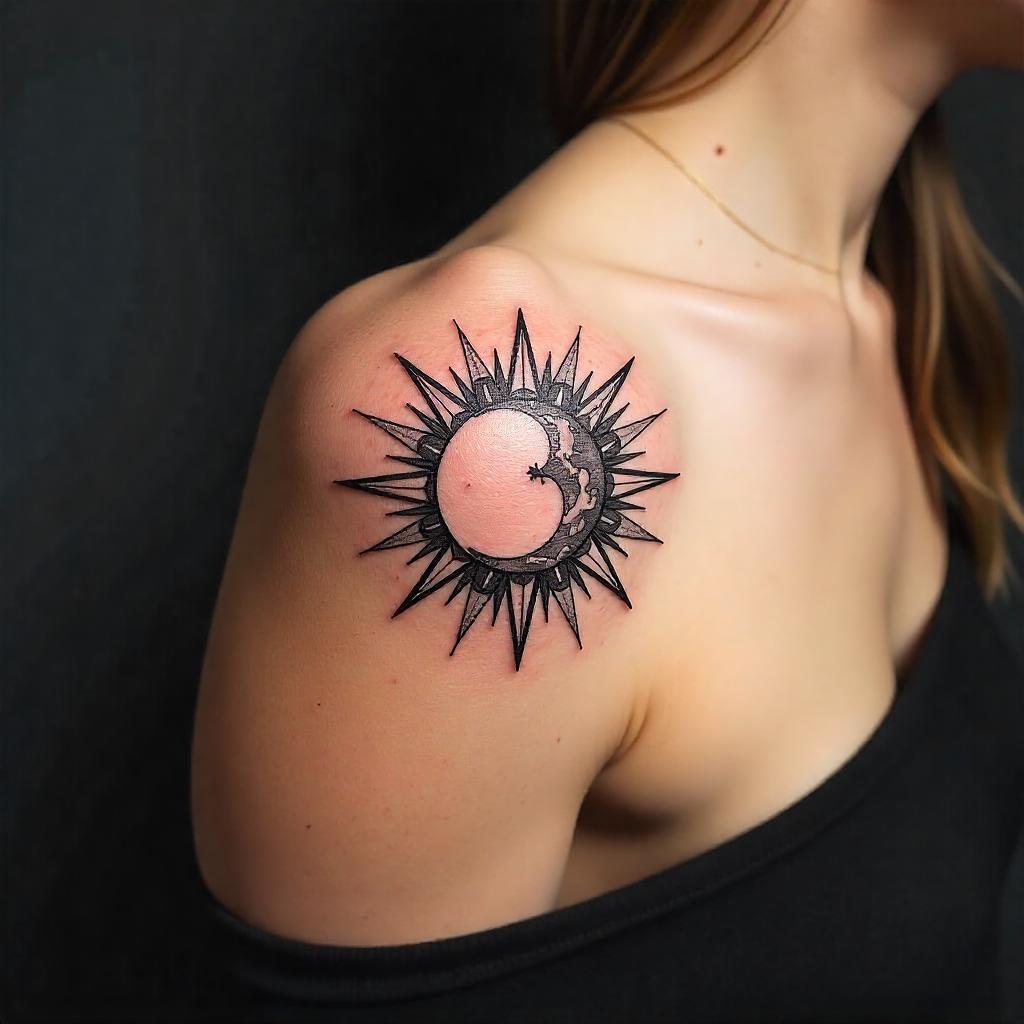 Tatuaje geométrico del Sol y la Luna en el hombro