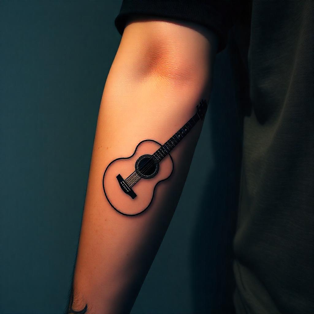 Tatuaje minimalista de guitarra en el brazo