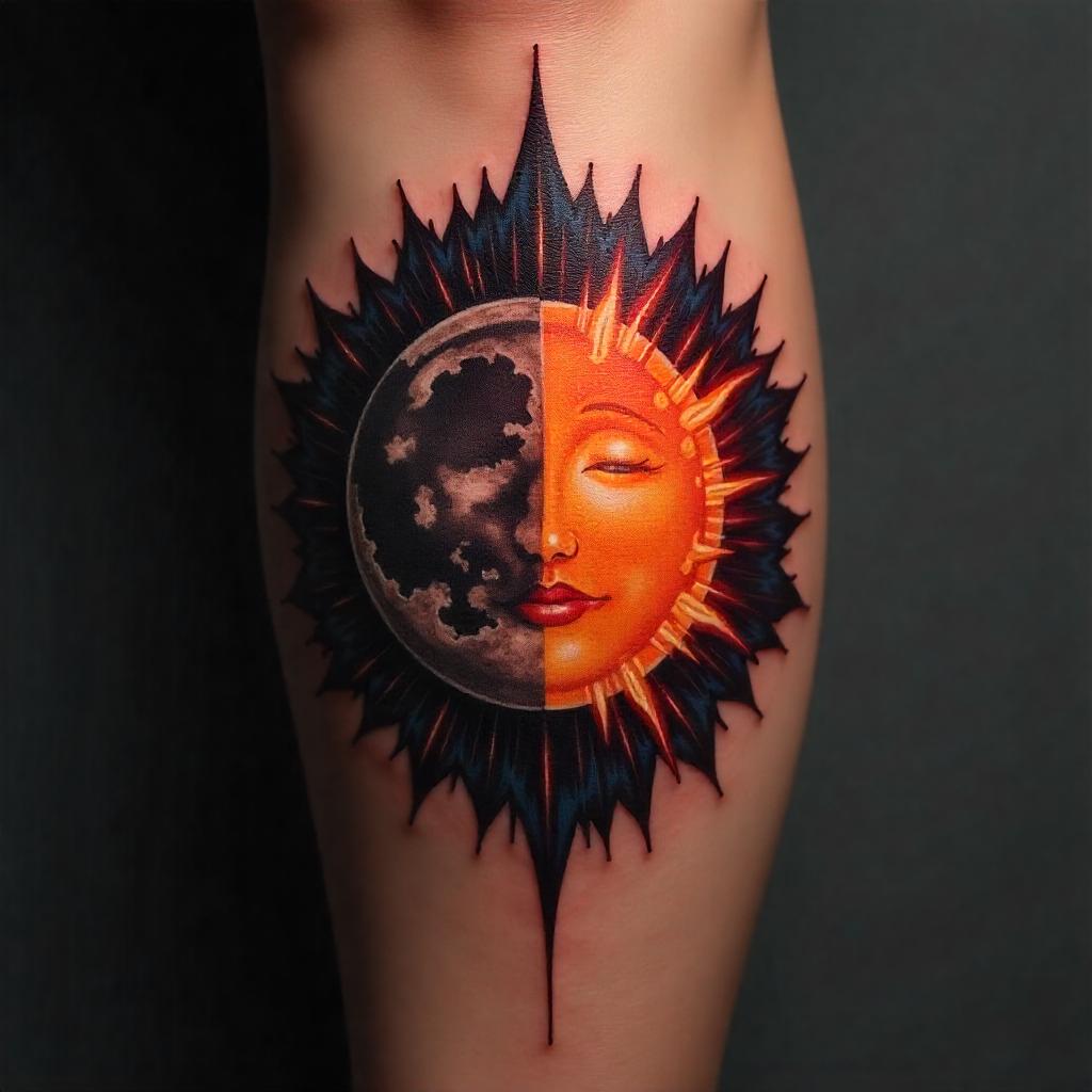 Tatuaje realista del Sol y la Luna en la pantorrilla