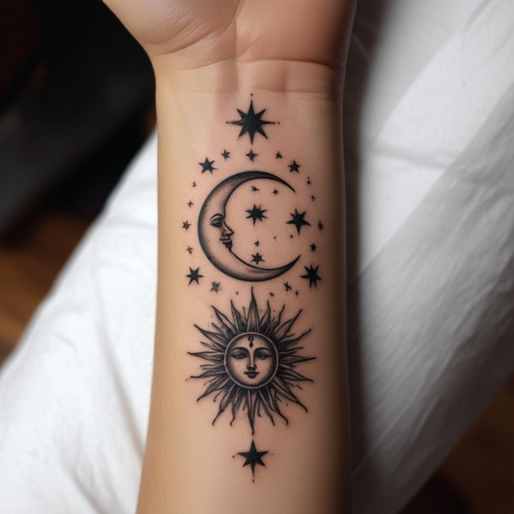 Tatuajes del Sol y la Luna separados en el brazo superior