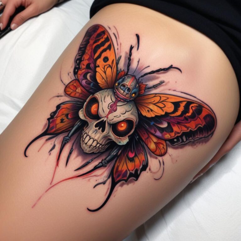 Tatuaje de mariposa y calavera en el muslo