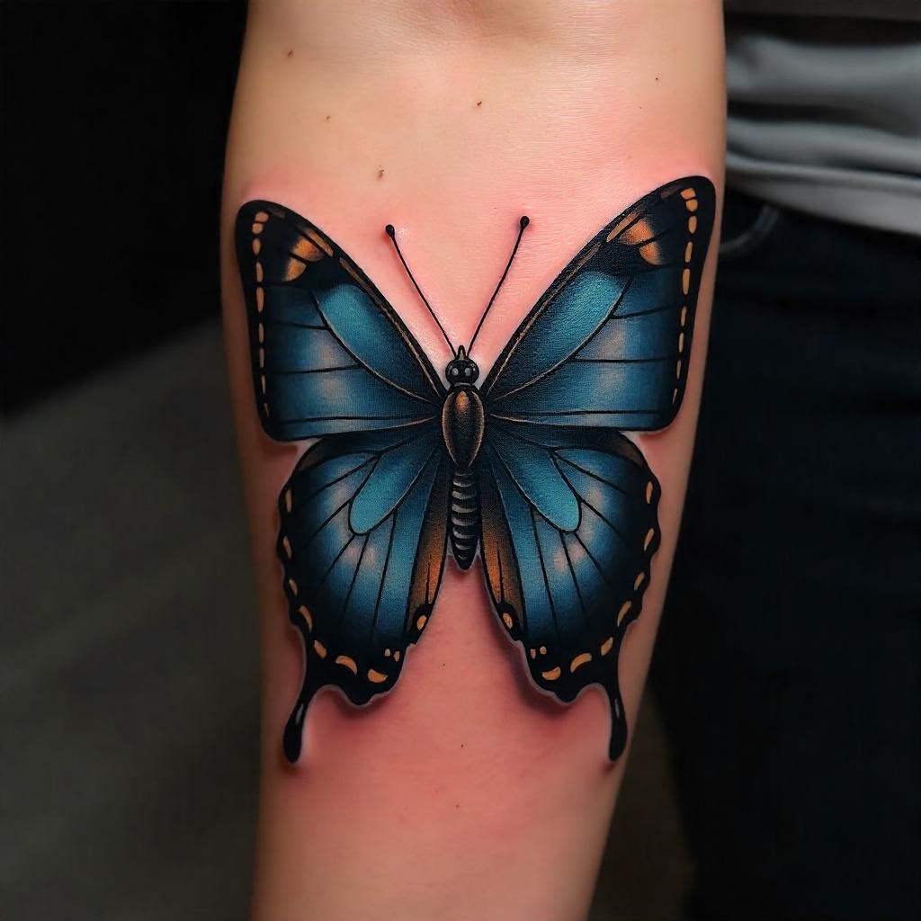 Tatuaje realista de mariposa en el antebrazo