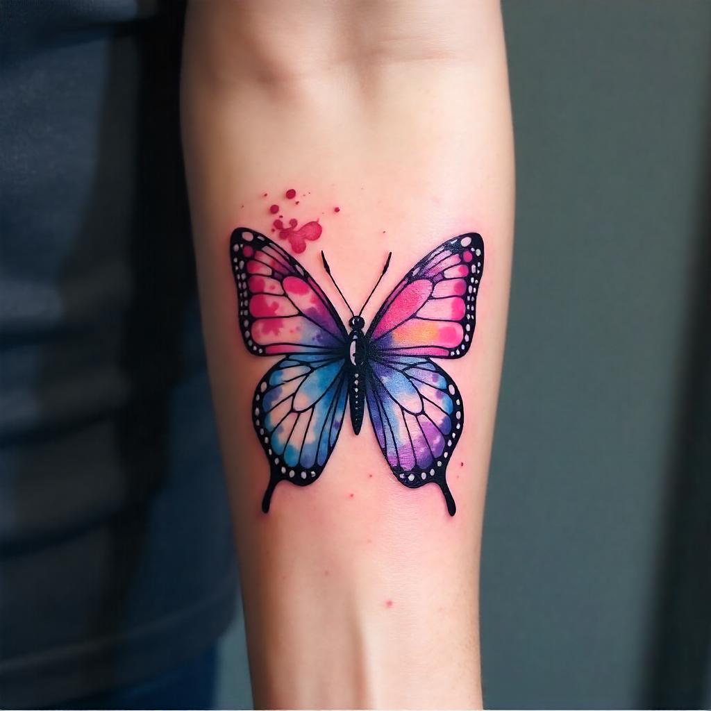 Tatuaje de mariposa estilo acuarela en el antebrazo