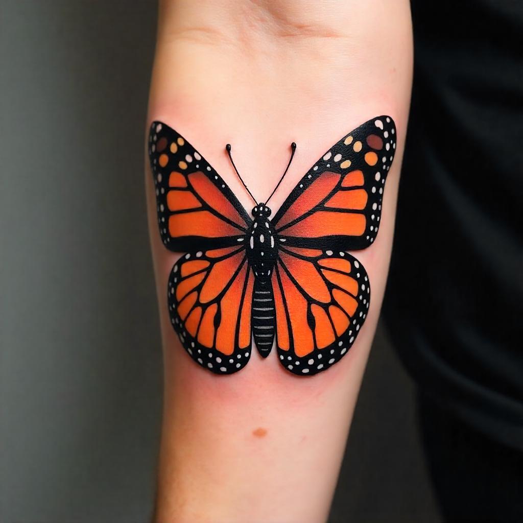 Tatuaje de mariposa monarca naranja en el antebrazo