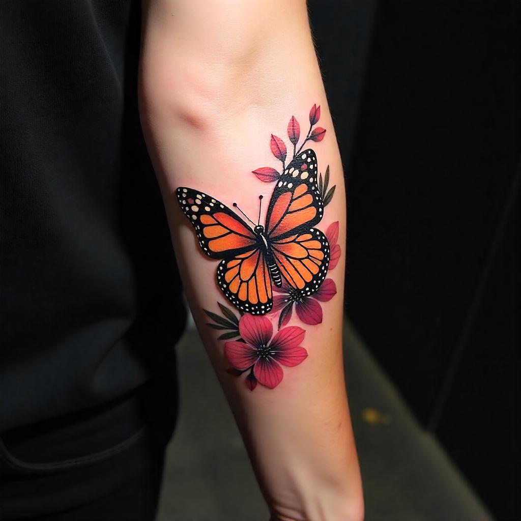 Tatuaje de mariposa y flores en el antebrazo