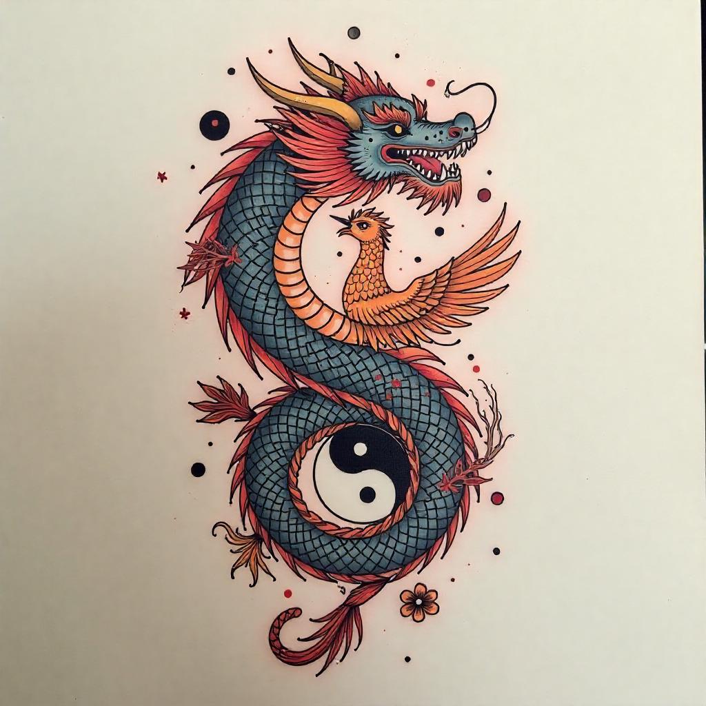 Tatuaje de Dragón y Fénix Ying Yang 