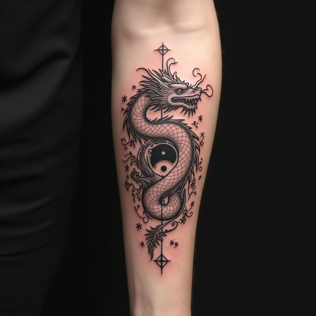 Tatuaje de dragón Ying Yang en el antebrazo