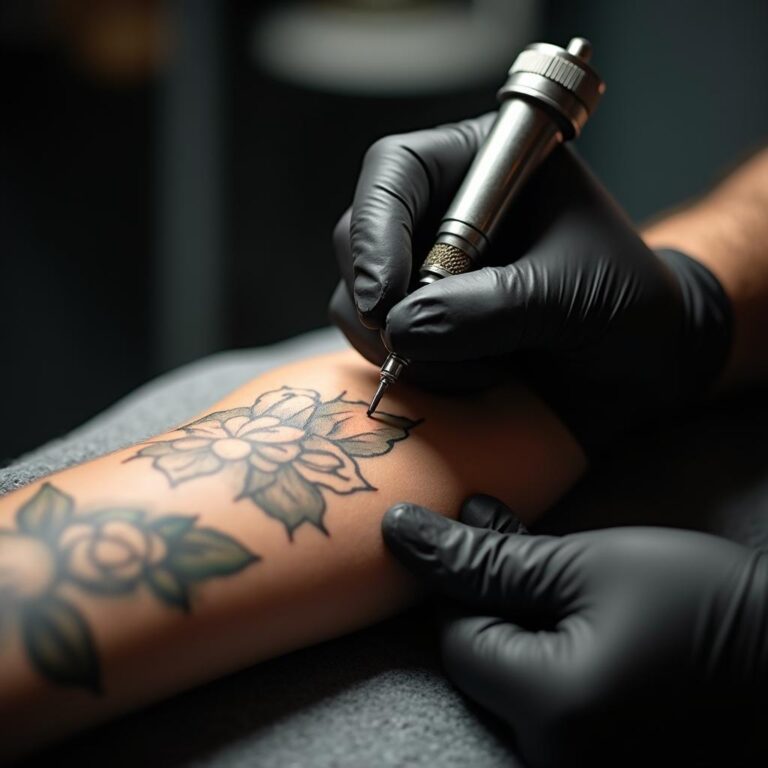 Artista del tatuaje retocando un tatuaje