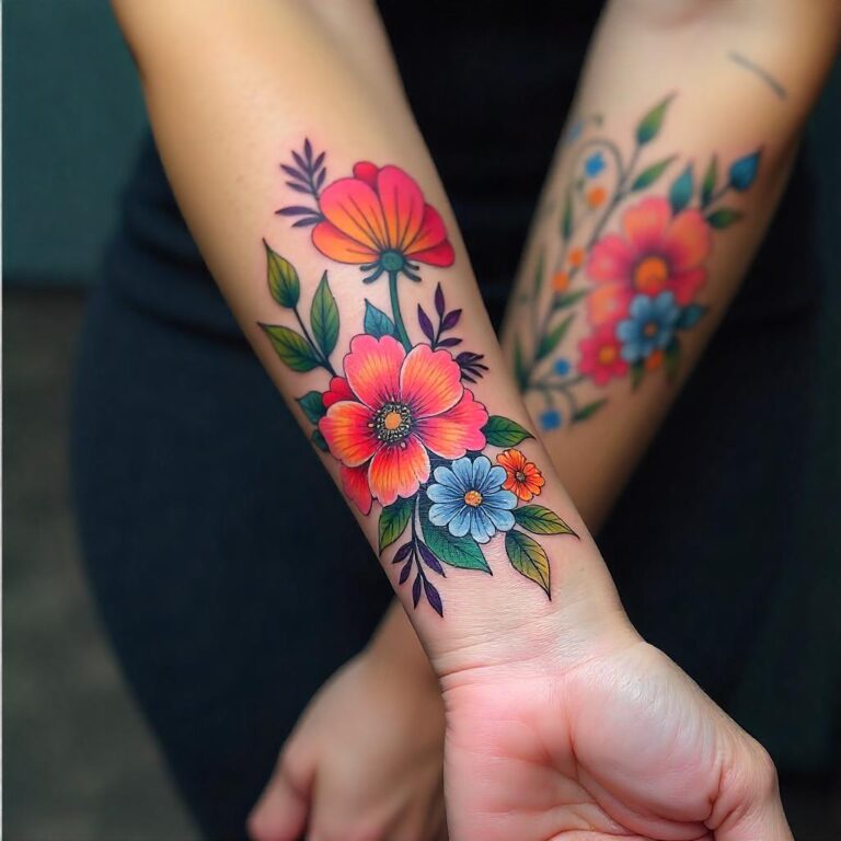 Tatuaje floral vibrante en el antebrazo