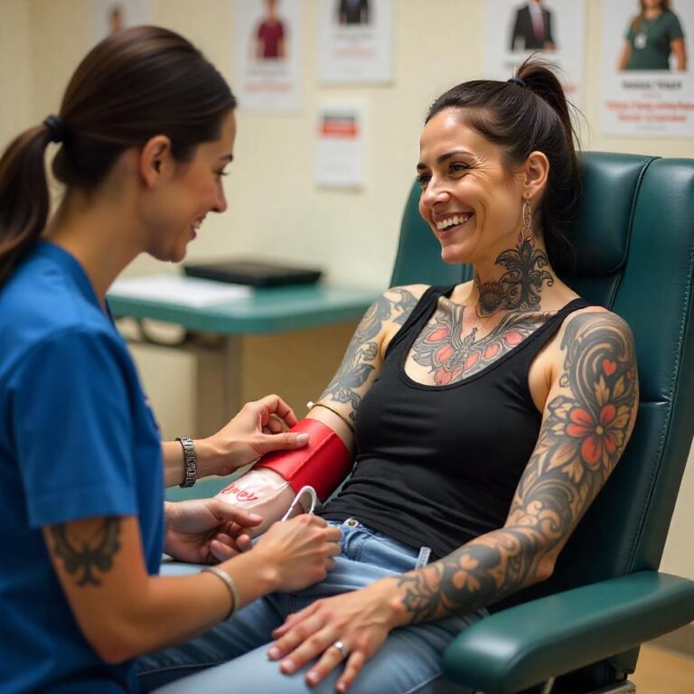 Persona tatuada donando sangre