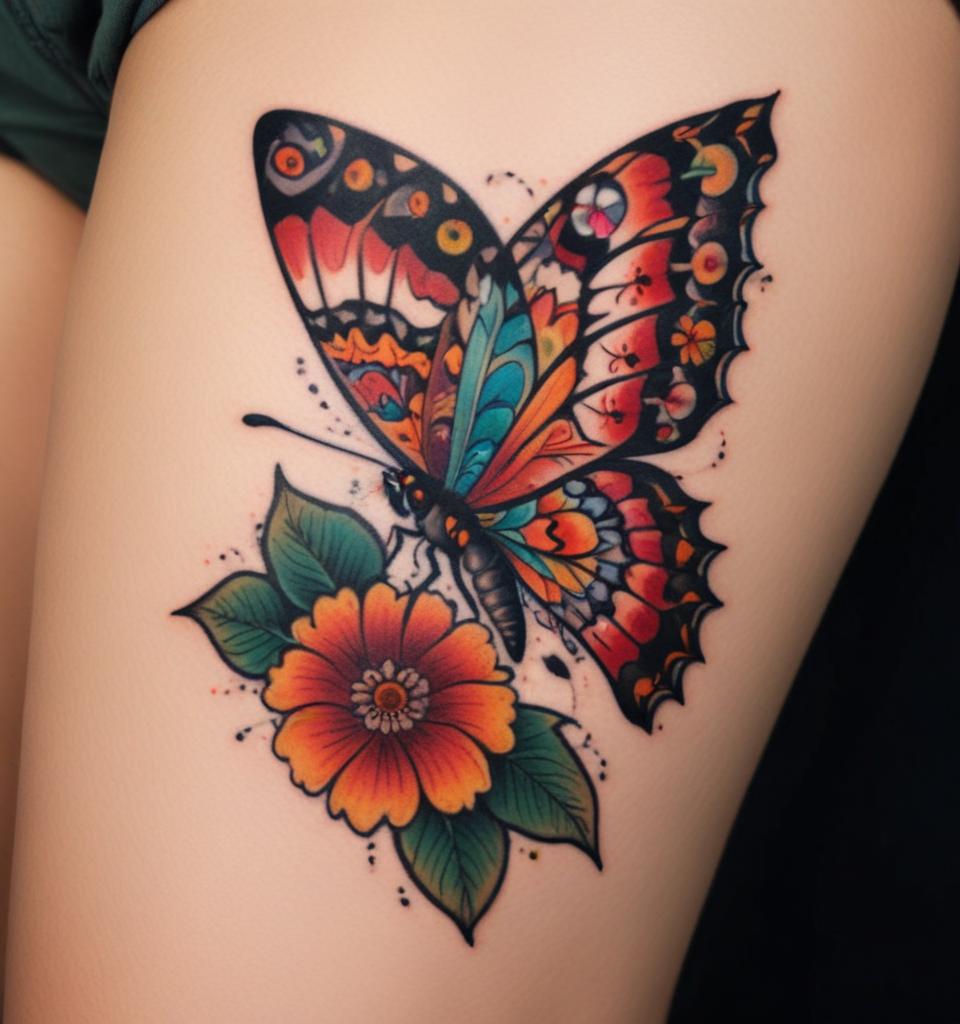 Tatuaje de mariposa mexicana en el muslo