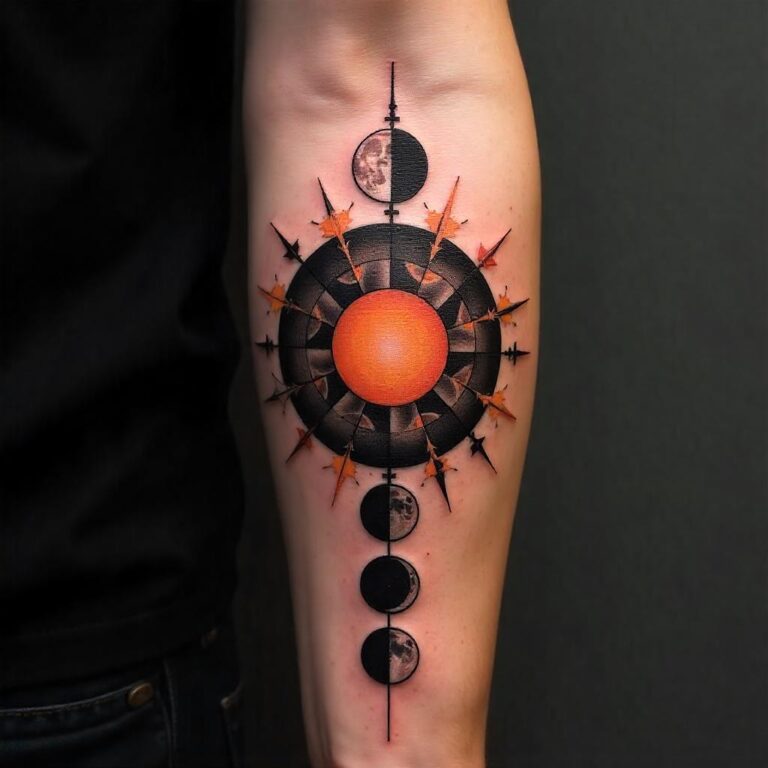 tatuaje de fases lunares y solares en la pantorrilla