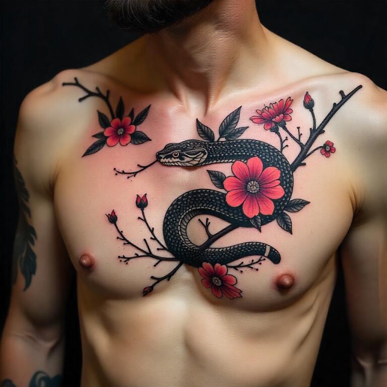 tatuaje de serpiente con flores y ramas en el pecho