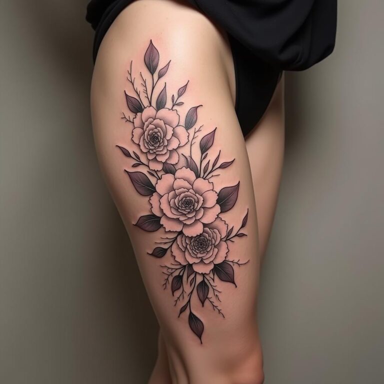 tatuaje de flores en el muslo; tatuajes para mujeres