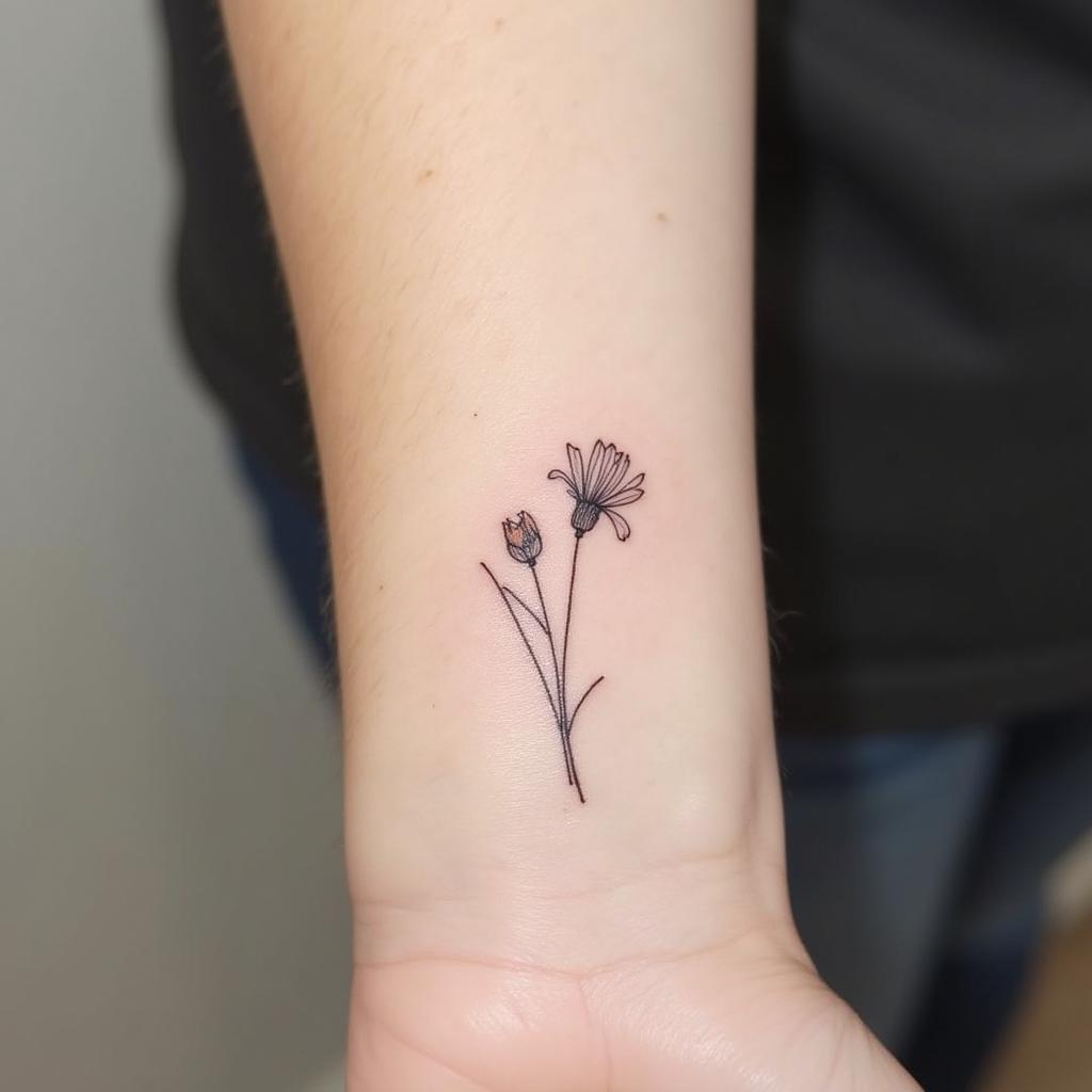 tatuaje minimalista de flor en la muñeca; tatuajes para mujeres