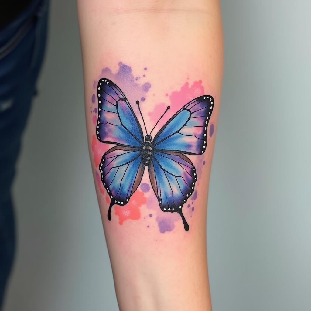 tatuaje de mariposa acuarela en el antebrazo; tatuajes para mujeres