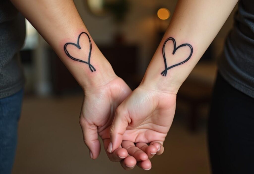 Tatuajes de parejas: Tatuaje minimalista de corazones a juego en el antebrazo