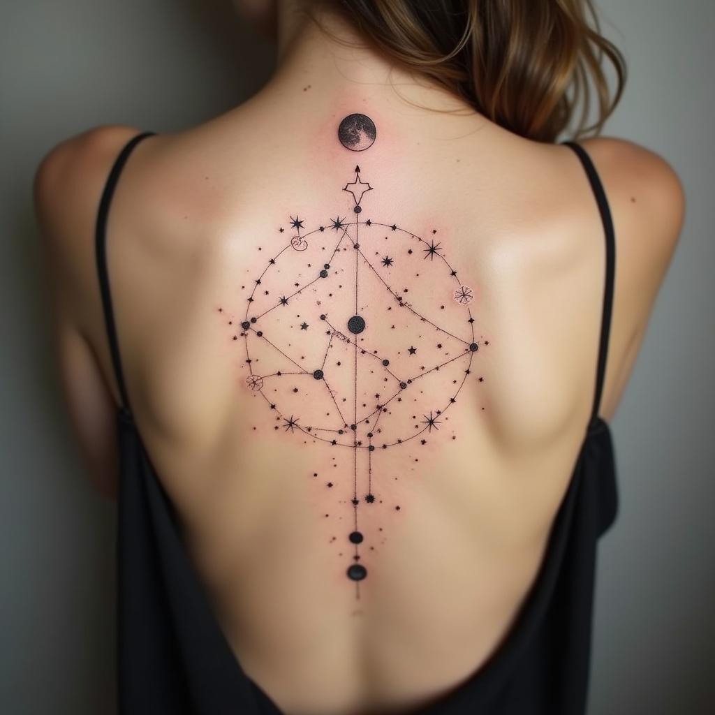 tatuaje celestial en la espalda; tatuajes para mujeres