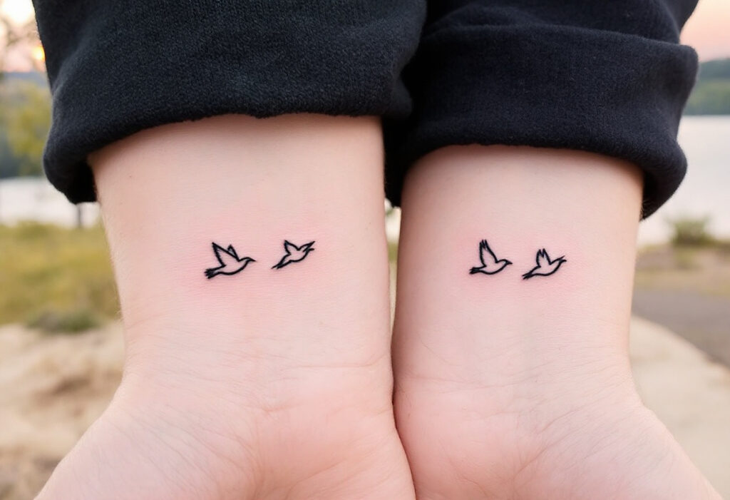 tatuajes en parejas: Tatuaje minimalista de pájaros en el antebrazo