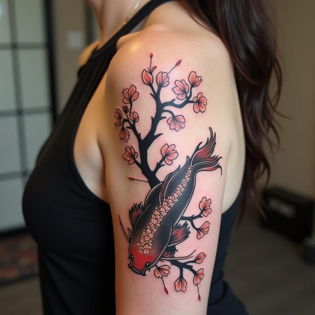 tatuaje de un pez koi japonés en el brazo; tatuajes para mujeres