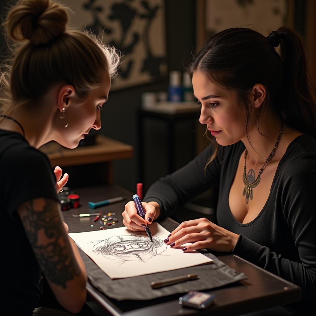 Artesano tatuador personalizando un tatuaje; tatuajes para mujeres